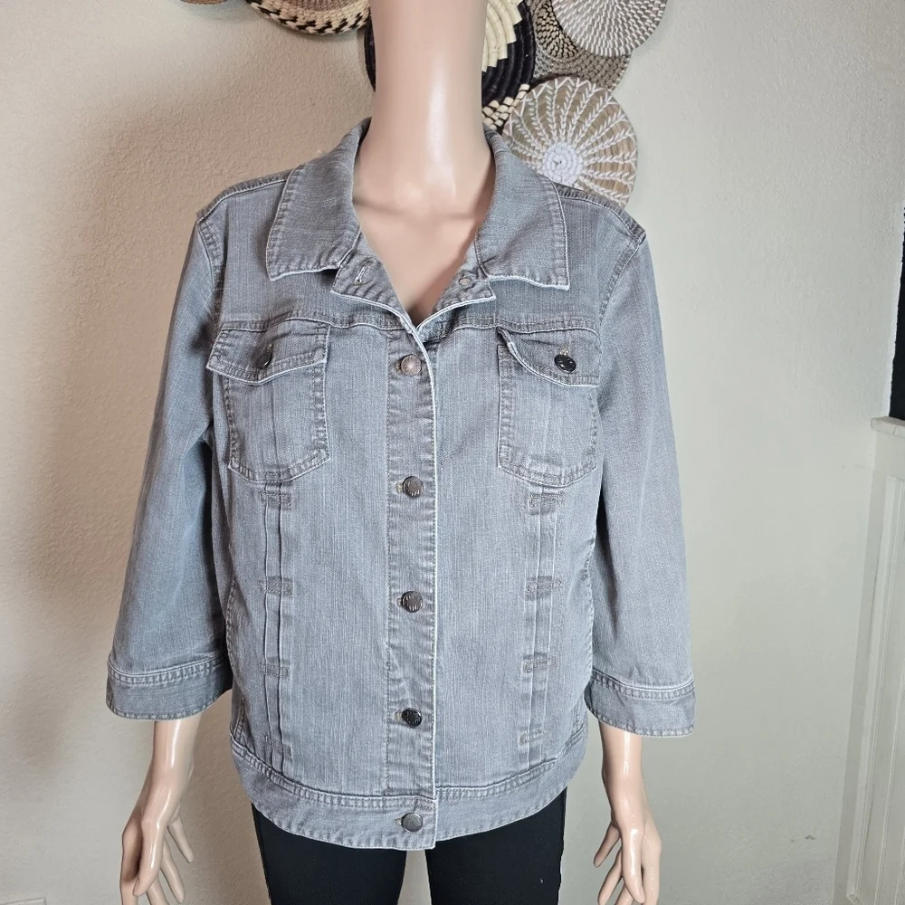 J Jill Denim Jacket Women's Xl Cotton Stretch Gray Button 3/4 Sleeve - Picture 11 of 11